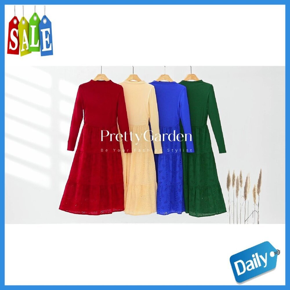 Long Sleeve Maxi Dress Mock Neck Eyelet Embroidery A-Line Wedding Guest - Picture 7 of 8